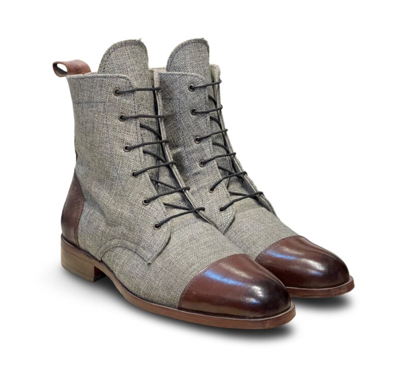 Elegant Premium Long Boots in Grey Fabric and Brown Leather