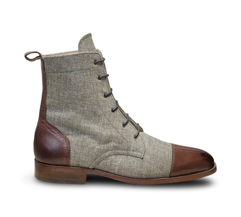 Elegant Premium Long Boots in Grey Fabric and Brown Leather - Image 4