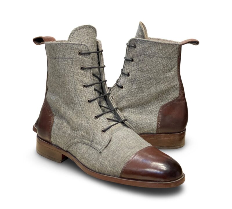 Elegant Premium Long Boots in Grey Fabric and Brown Leather - Image 2