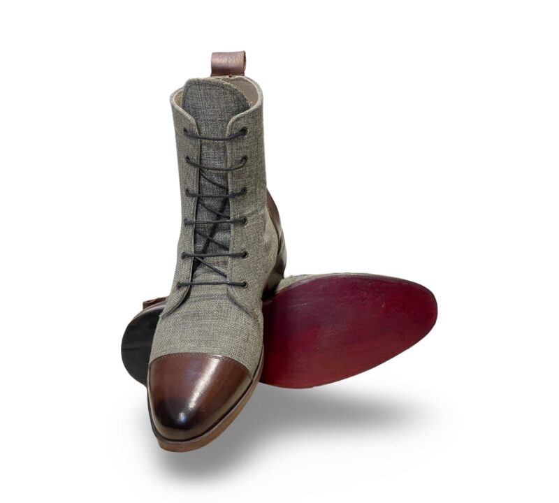 Elegant Premium Long Boots in Grey Fabric and Brown Leather - Image 3