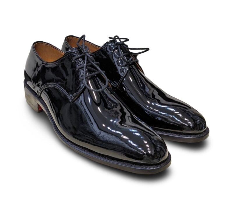 Black Patent Leather Derby Shoes with Goodyear Welt and Cowboy Heel