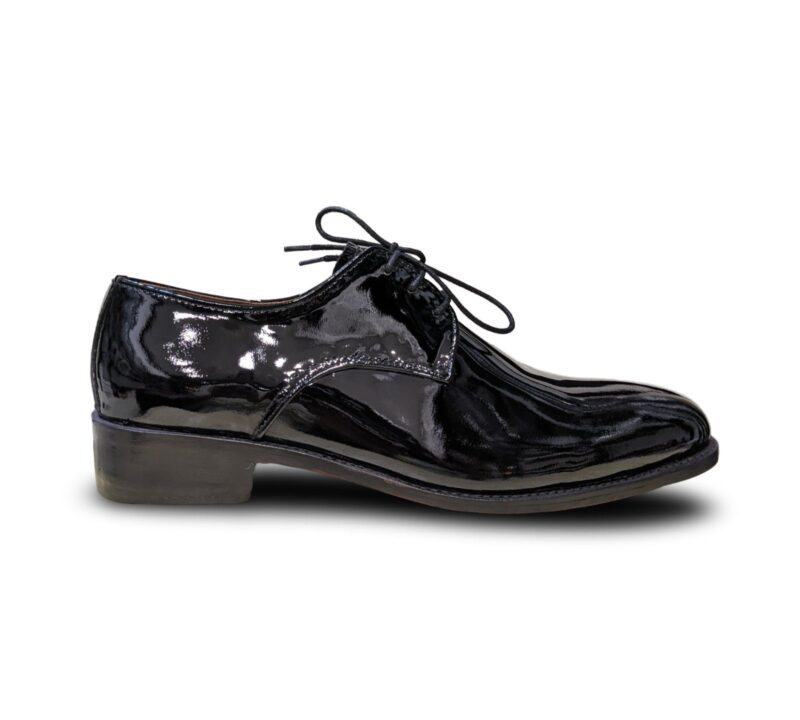 Black Patent Leather Derby Shoes with Goodyear Welt and Cowboy Heel - Image 4