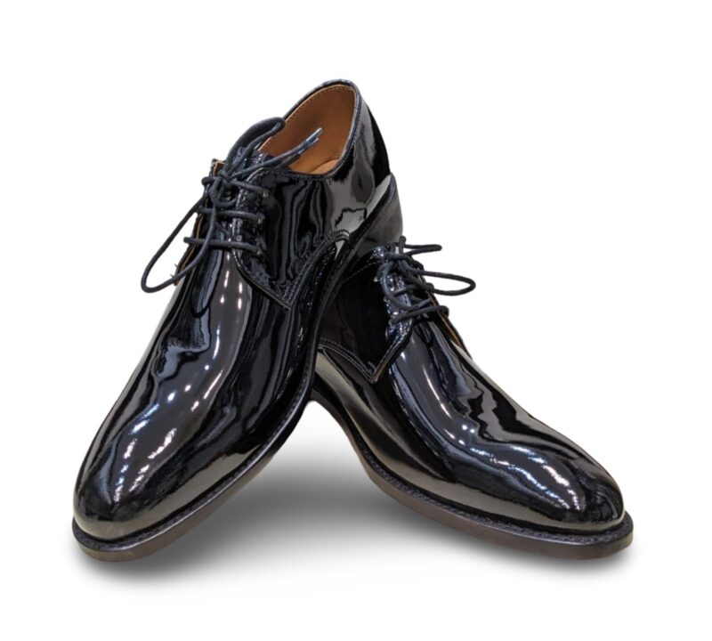 Black Patent Leather Derby Shoes with Goodyear Welt and Cowboy Heel - Image 3